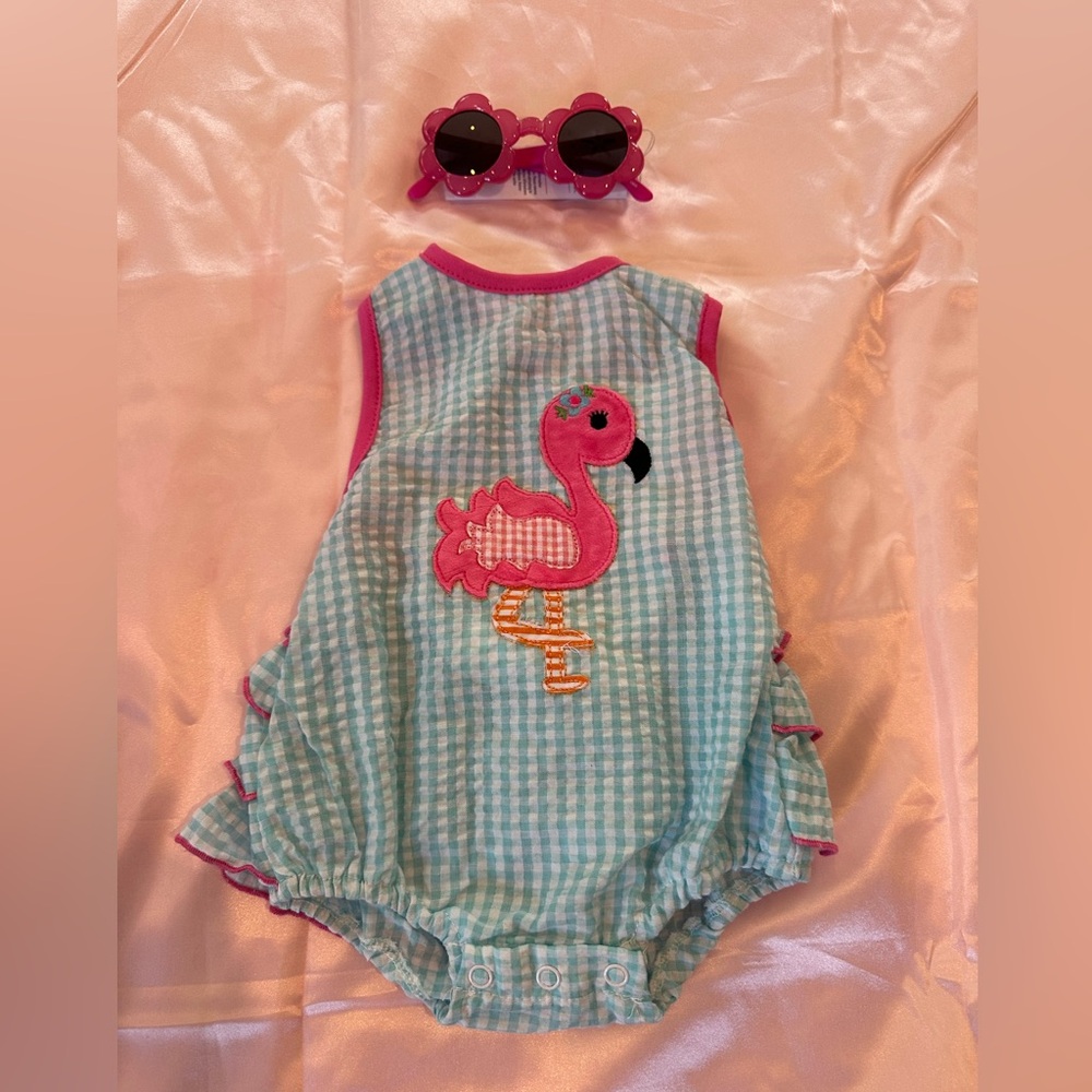 Three Sisters 0-3 month pink flamingo ruffle butt bubble onsie new without tags